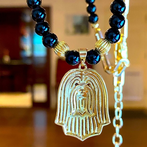 Havanese goldtone dog face necklace w/ black jasper 20.5” adjustable to 17.5” - Picture 5 of 5